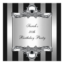 30th  Birthday Party Silver Black White Stripe Personalized Invites