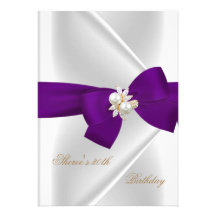 30th Birthday Party White Pearl Jewel Purple Bow Personalised Invitations