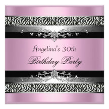 30th Birthday Party Zebra Black Silver Pink Personalized Invite