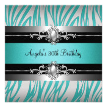 30th Birthday Party Zebra Teal Blue Silver Black Personalised Invite