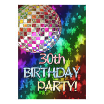 30th party with disco ball and rainbow of stars personalized announcement