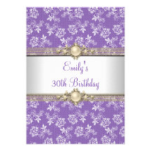 30th Purple Floral Pearl Birthday Party Personalised Announcement