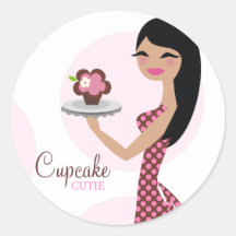 311-Candie the Cupcake Cutie Black Straight Hair Round Stickers