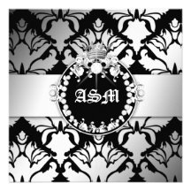 311-Damask Shimmer Queen Sweet Sixteen Black White Personalized Announcements