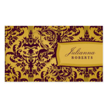311-Julianna Eggplant & Mustard Damask Business Cards