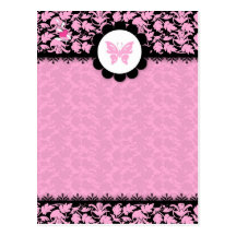 311-PINK BUTTERFLY DAMASK POST CARDS