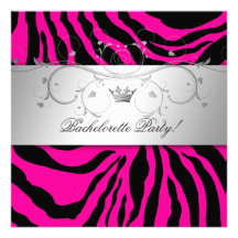 311-Silver Divine Hott Pink Zebra Bachelorette Custom Invites