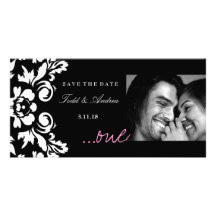 311-White Damask "ONE" Pink Save the Date Photo Card