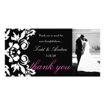 311-White Damask Wedding Thank You Photo Card