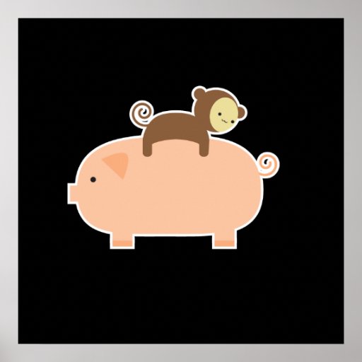 35" x 35" Baby Monkey Riding on a Pig Poster