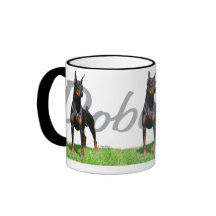3 black Doberman Pinschers w/ breed name graphic Mugs
