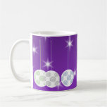 3 White Swirl Design Christmas Baubles. On Purple Mug