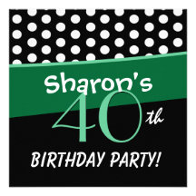 40th Birthday Black White Green Polka Dots W315 Personalized Invitation