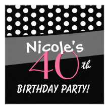 40th Birthday Black White Pink Polka Dots Personalized Announcement