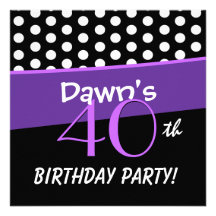 40th Birthday Black White Purple Polka Dots W316 Personalised Invite