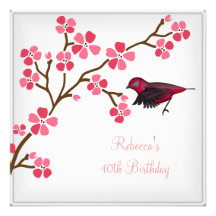 40th Birthday Elegant Asian Pink Flowers Bird 2 Personalized Invites