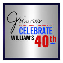 40th Birthday Invitation - Red Silver Blue