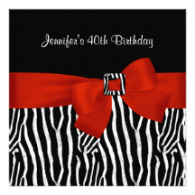 40th Birthday Party Black Zebra Stripe Red Bow Custom Invites