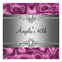 40th Birthday Party Pink Silver Abstract Personalized Announcement