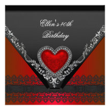 40th Birthday Party Red Heart Jewel Black White Announcements
