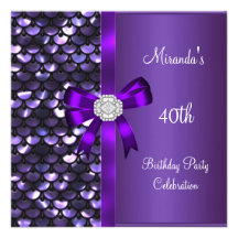40th Birthday Sequins Purple Diamond Bow Personalized Announcements