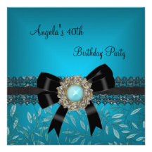 40th Birthday Teal Blue Floral Black Bow Jewel Personalized Announcement