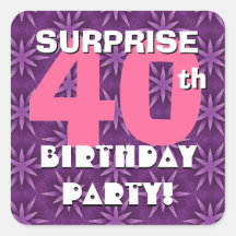 40th SURPRISE Birthday Fireworks Pink and Purple Square Stickers