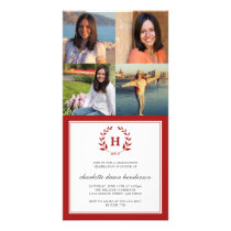 4 Photo collage red wreath monogram graduation photo cards