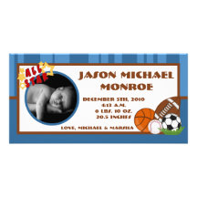 4x8 All Star Blue  Photo Birth Announcement Customized Photo Card