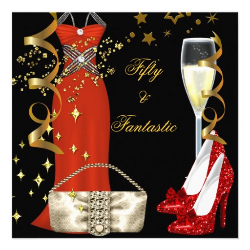 50  Fantastic Red Dress Black Gold Birthday Party Custom Invites