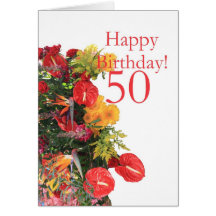 50 th birthday red yellow bouquet greeting card