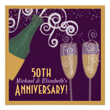 50th Anniversary Bubbly Champagne Gold Party Personalized Invite