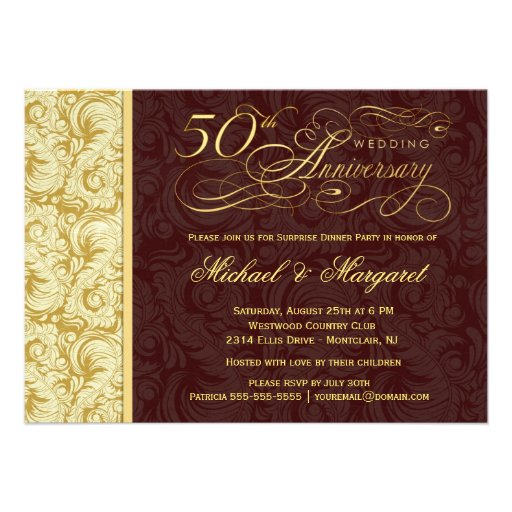 50th Anniversary Surprise Party - Gold Damask Personalised Invite