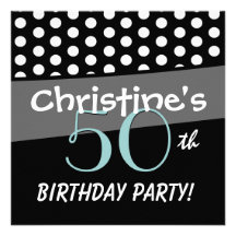 50th Birthday Black White Aqua Polka Dots Metallic Personalised Invitation
