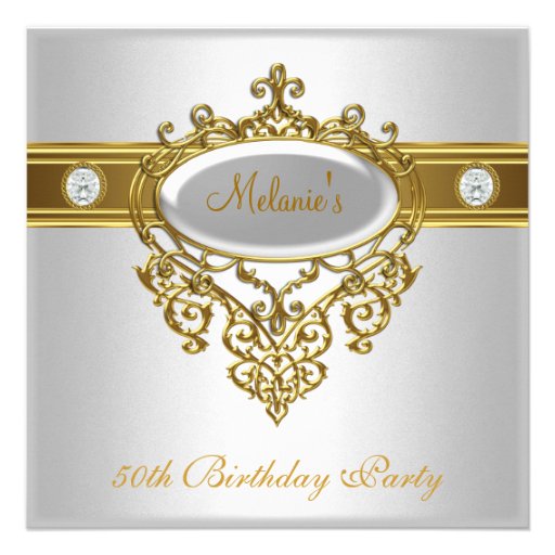 50th Birthday Elegant Lace White Gold Diamond 3 Personalized Announcement