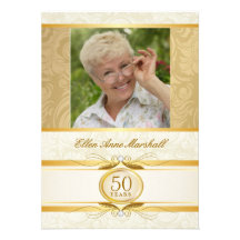 50th Birthday - Gold Damask Photo Invitation