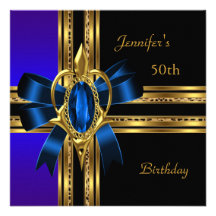 50th Birthday Party Blue Gold Heart Jewel Personalized Announcement