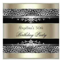 50th Birthday Party Leopard Black Mint Gold Cream Invitations