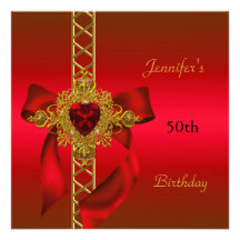 50th Birthday Party Red Gold Heart Jewel 2 Announcements