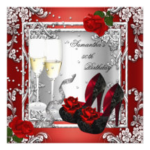 50th Birthday Party Red Rose Silver Invitations