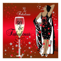 50th Birthday Party Retro Diva Art deco Red Black Personalised Announcement
