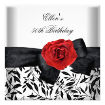 50th Birthday Party White Silver Flower Black Bow Personalised Announcements