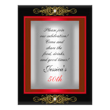 50th Red Black Silver Birthday Party Personalized Invitation