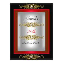 50th Red Black Silver Birthday Party Personalized Announcements