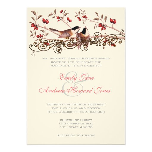 5 x 7 Vintage Chickadees Wedding Invitation