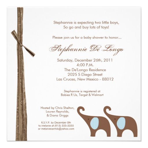 5x5 Twin Boy Elephants Baby Shower Invitation