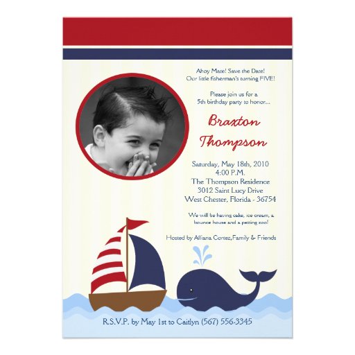 5x7 Ahoy Nautical Whale Boat Birthday Invitation