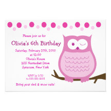 5x7 Amore Owl Pink Girl Birthday Invitation