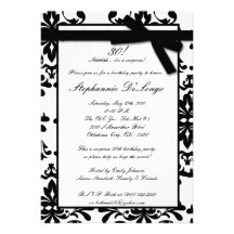 5x7 Black White Damask Bow Birthday Invitation