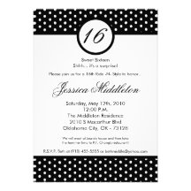 5x7 Black White Polka Dot 16th Birthday Invitation